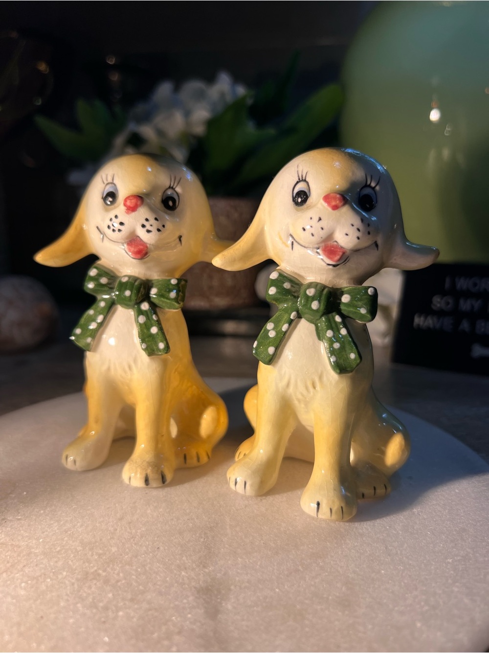 Yellow Ceramic Dog/Lamb Pair with Green Polka Dot Bows in excellent condition